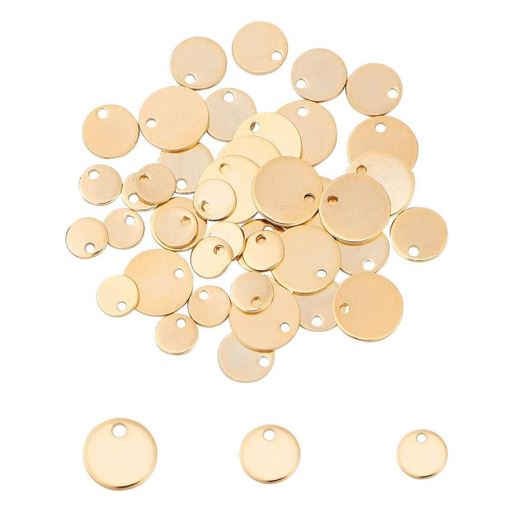 8848 45pcs 3 Sizes 6/8/10mm Golden Flat Round Charms 304 Stainless Steel